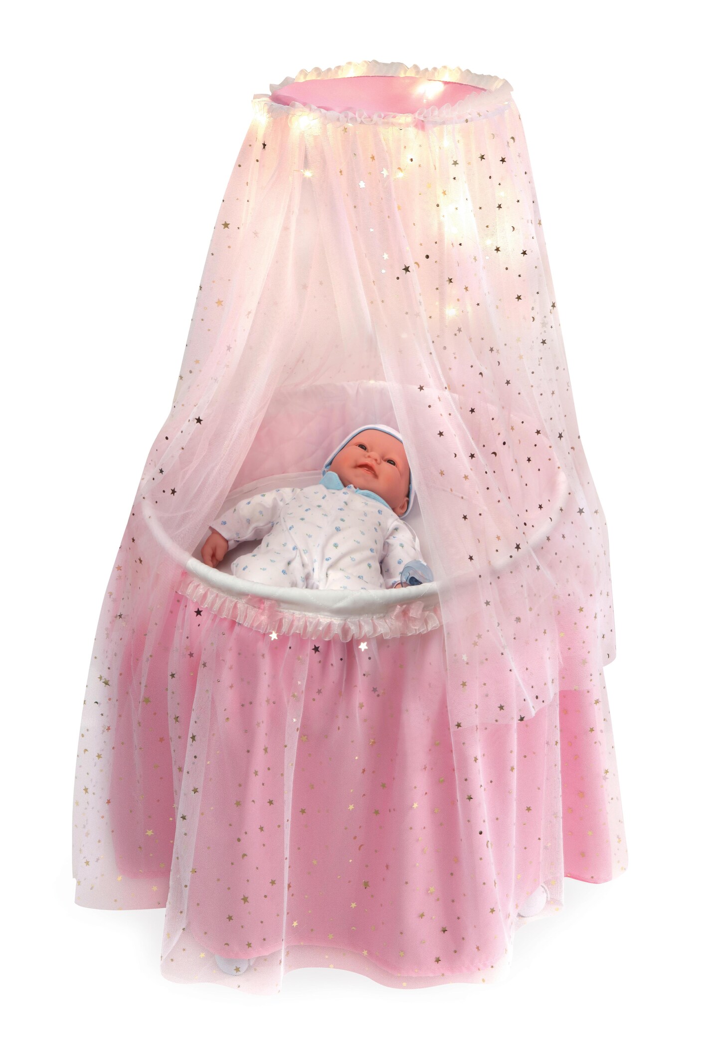 Badger Basket Sweet Dreams Round Doll Bassinet with Canopy and LED Lights - Pink/White/Stars