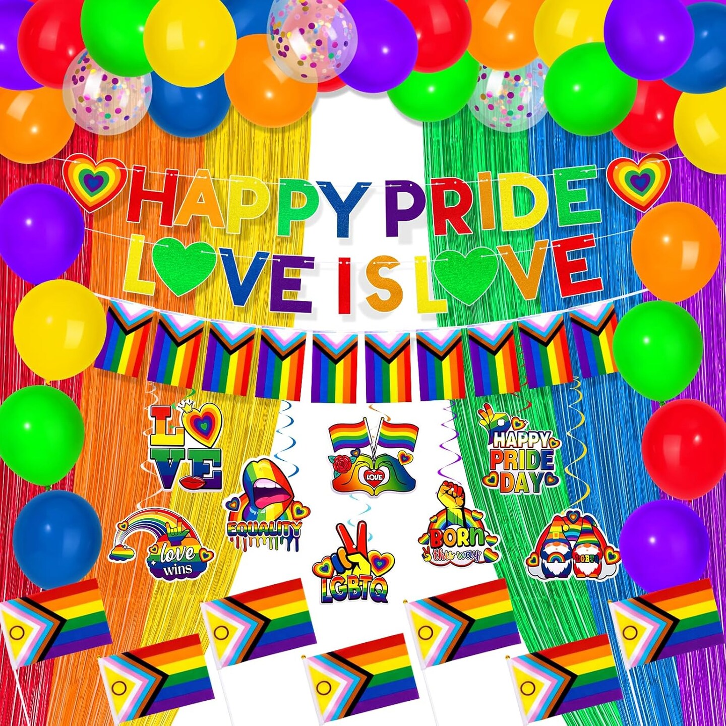 Pride Party Decorations Set, Banner, Hanging Swirls, Rainbow Foil Fringe Curtains, Balloons, and Flags