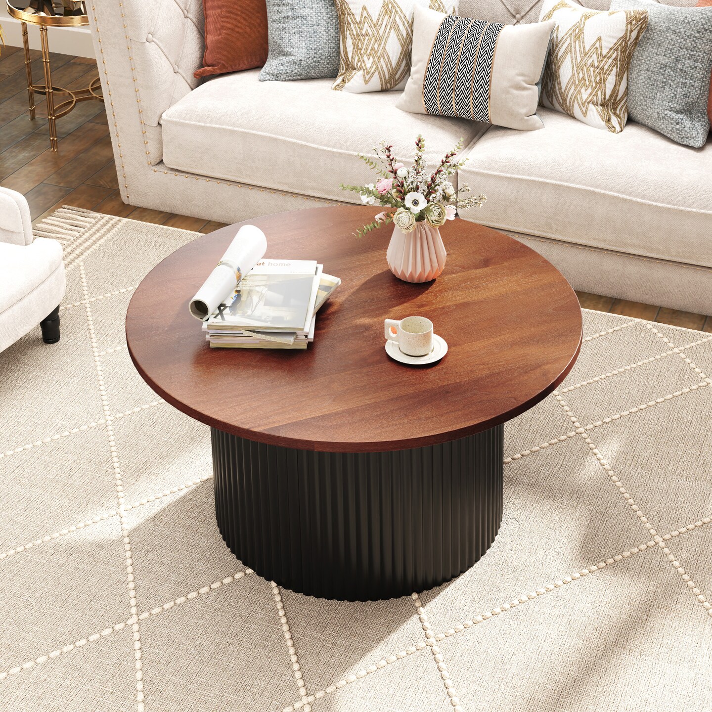 Walnut Solid Wood Round Coffee Table with Wave Support