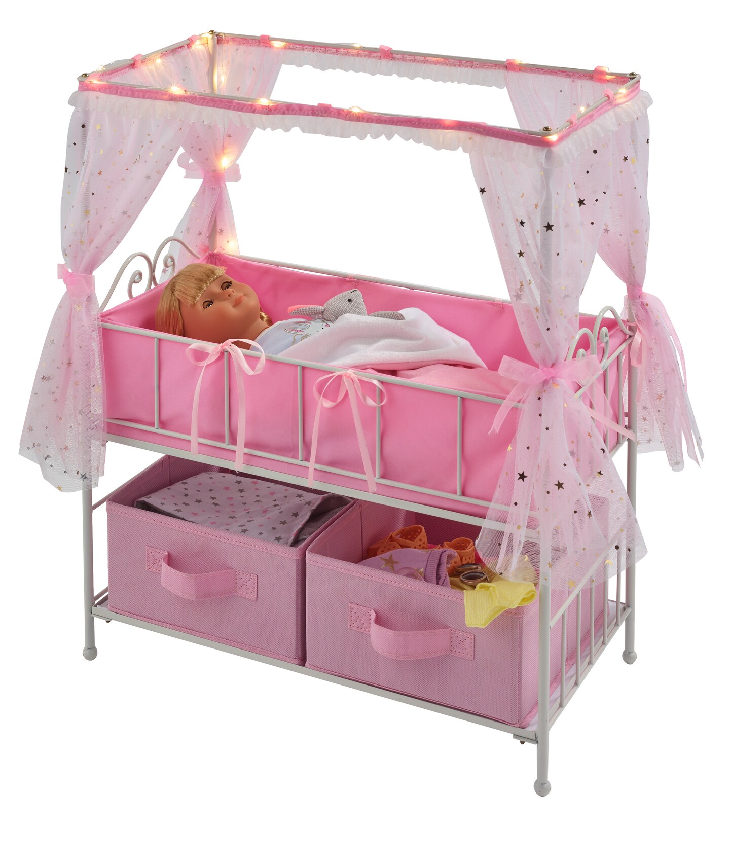 Badger Basket Starlights Metal Doll Crib with Canopy, Bedding, Storage and LED Lights - Pink/White/Stars