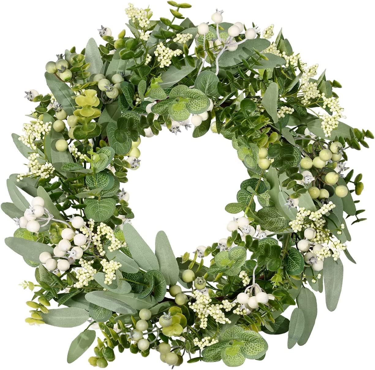 Artificial Greenery Wreath Eucalyptus & Boxwood with Berries for Front Door Farmhouse Decor
