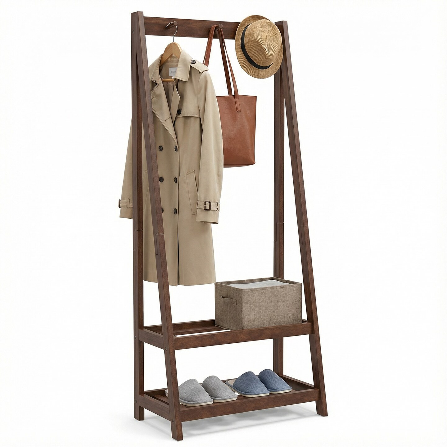 Rubber Wood Coat Rack Freestanding 3 Hooks 2 Storage Shelves 
