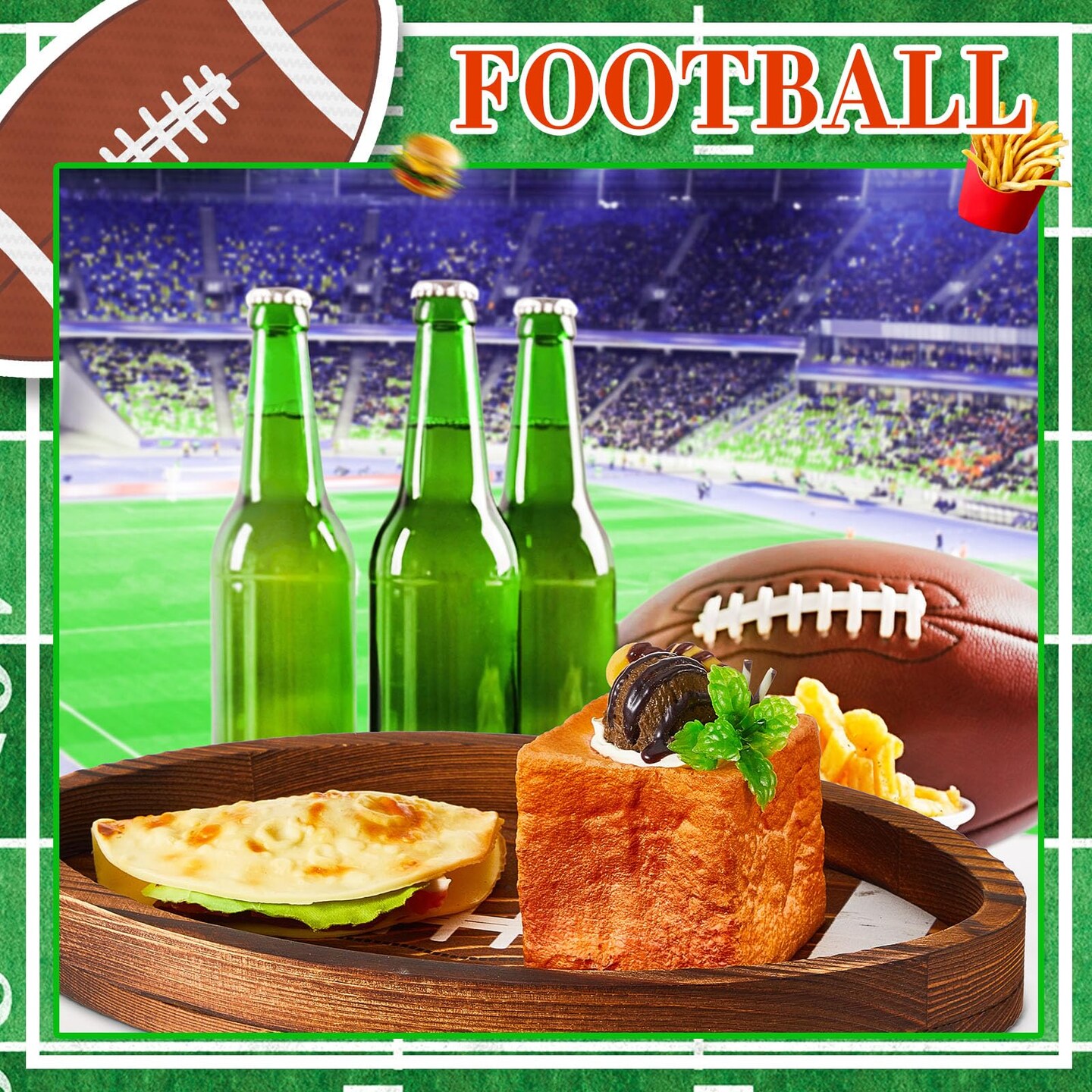 3 Pcs Football Serving Trays and Platters Wooden Shaped Football Plates Soccer Serveware Tailgate Party Serving Platter for Game Party Decorations, 13'', 11'', 8.7''