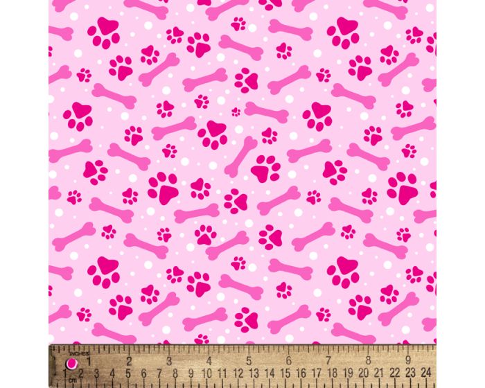 Pets Paw Prints and Dog Bones Pink Cotton Fabric | By the Yard | Sewing and Crafting | 44 inches wide