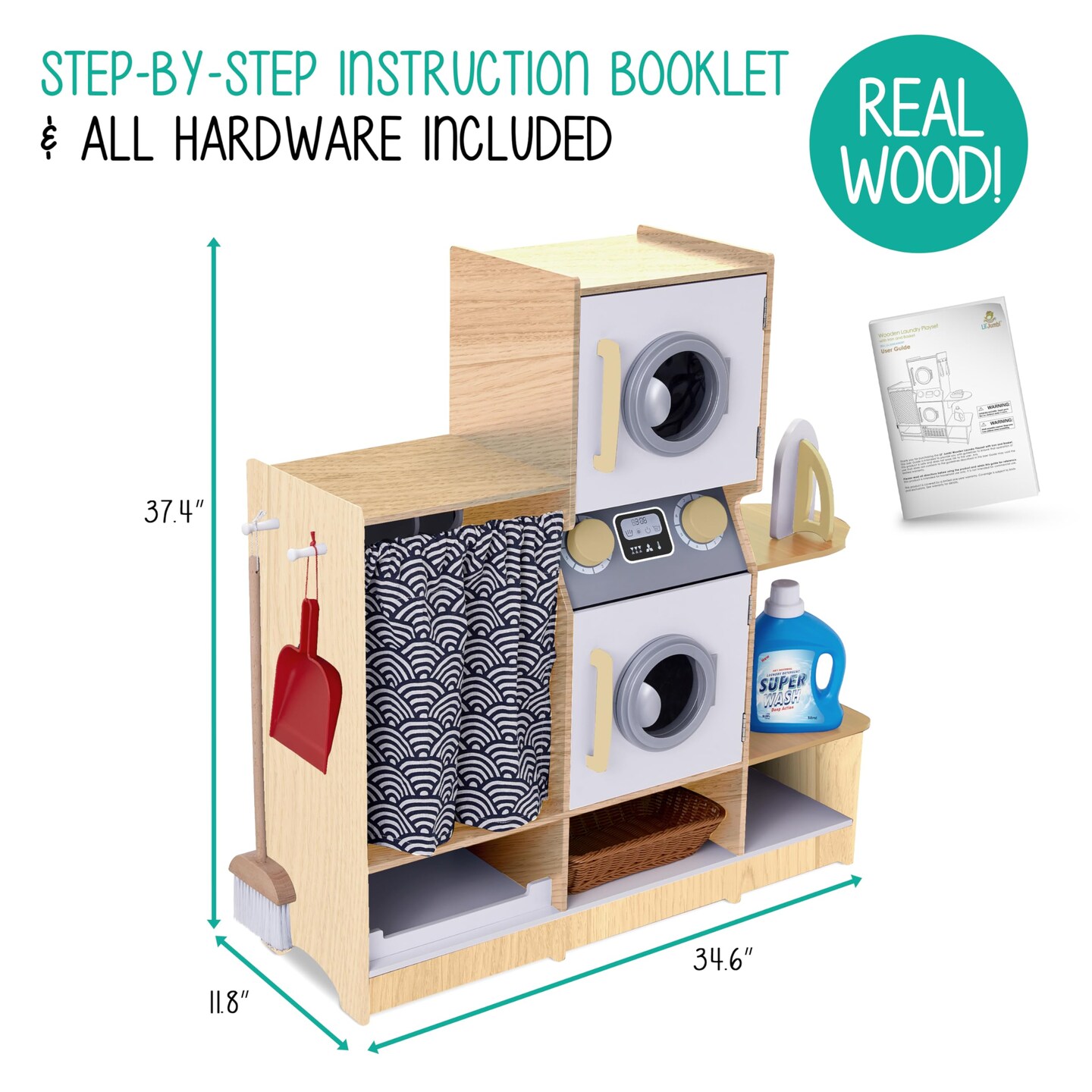 Lil' Jumbl Wooden Pretend Laundry Playset for Kids with Washer and Dryer