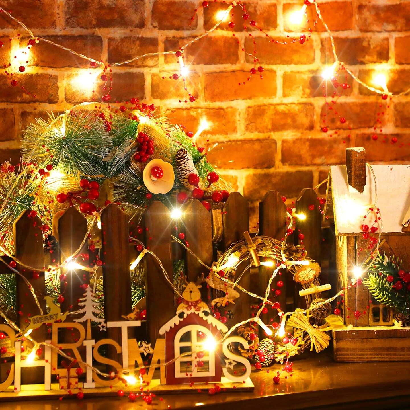 16.5 Feet Christmas Berry Beaded Garland String Light Christmas Mantle Decor