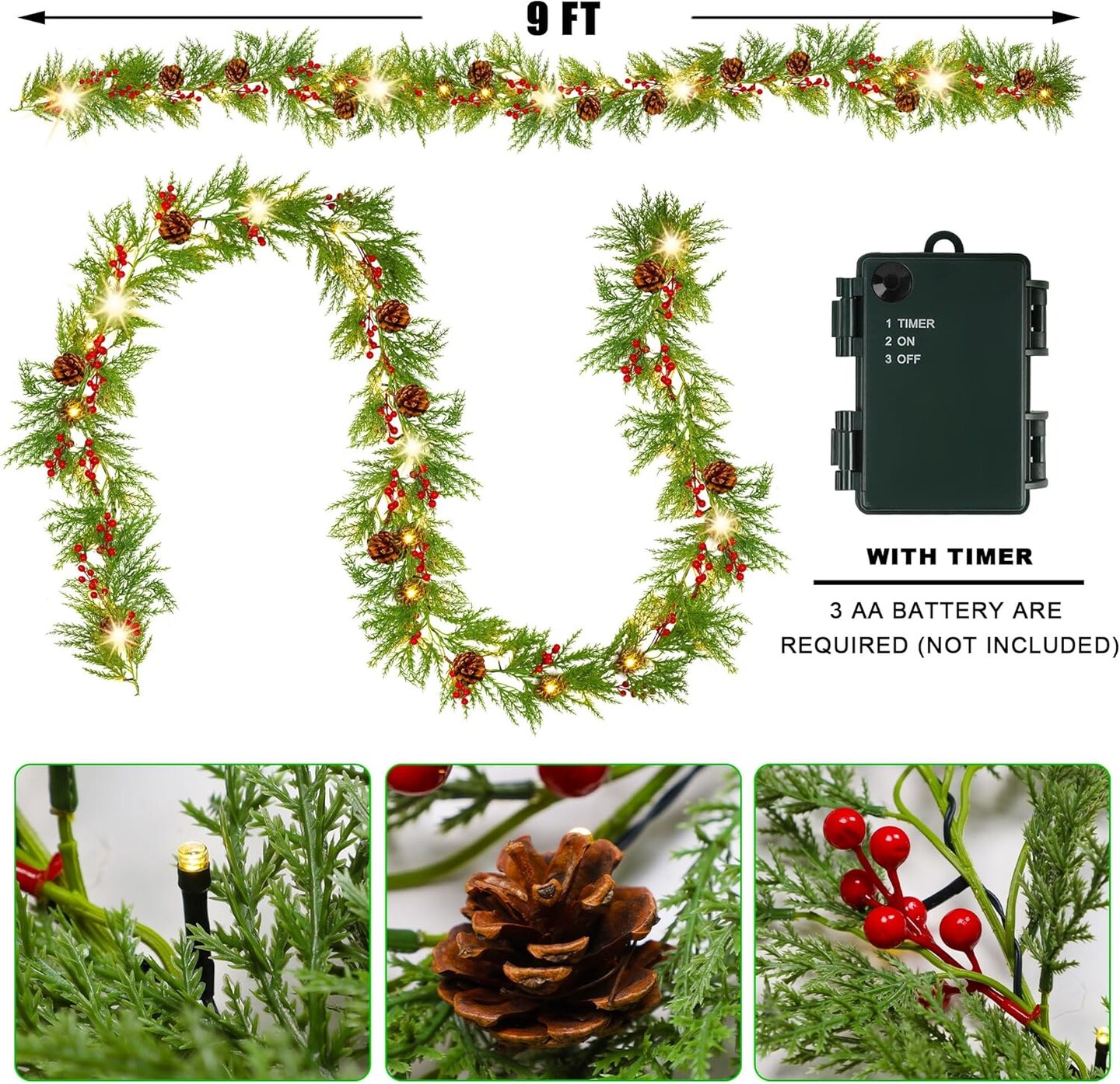 9FT Pre-lit Christmas Garland, 30 LEDs Xmas Lighted Garland with Pinecones