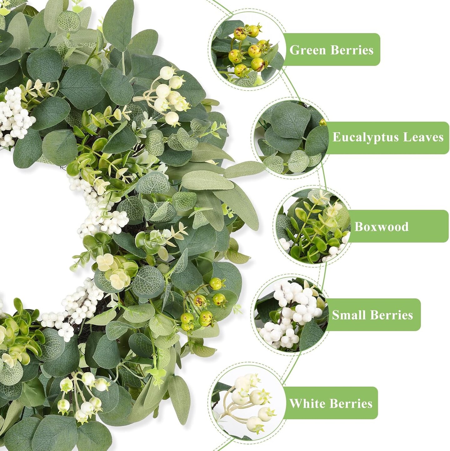 20 Inch Eucalyptus Wreath for Front Door, Spring Green Leaf Door Wreaths Farmhouse with Boxwood Willow Leaves Berries for All Seasons Window Wall Wedding Indoor Outdoor Decor