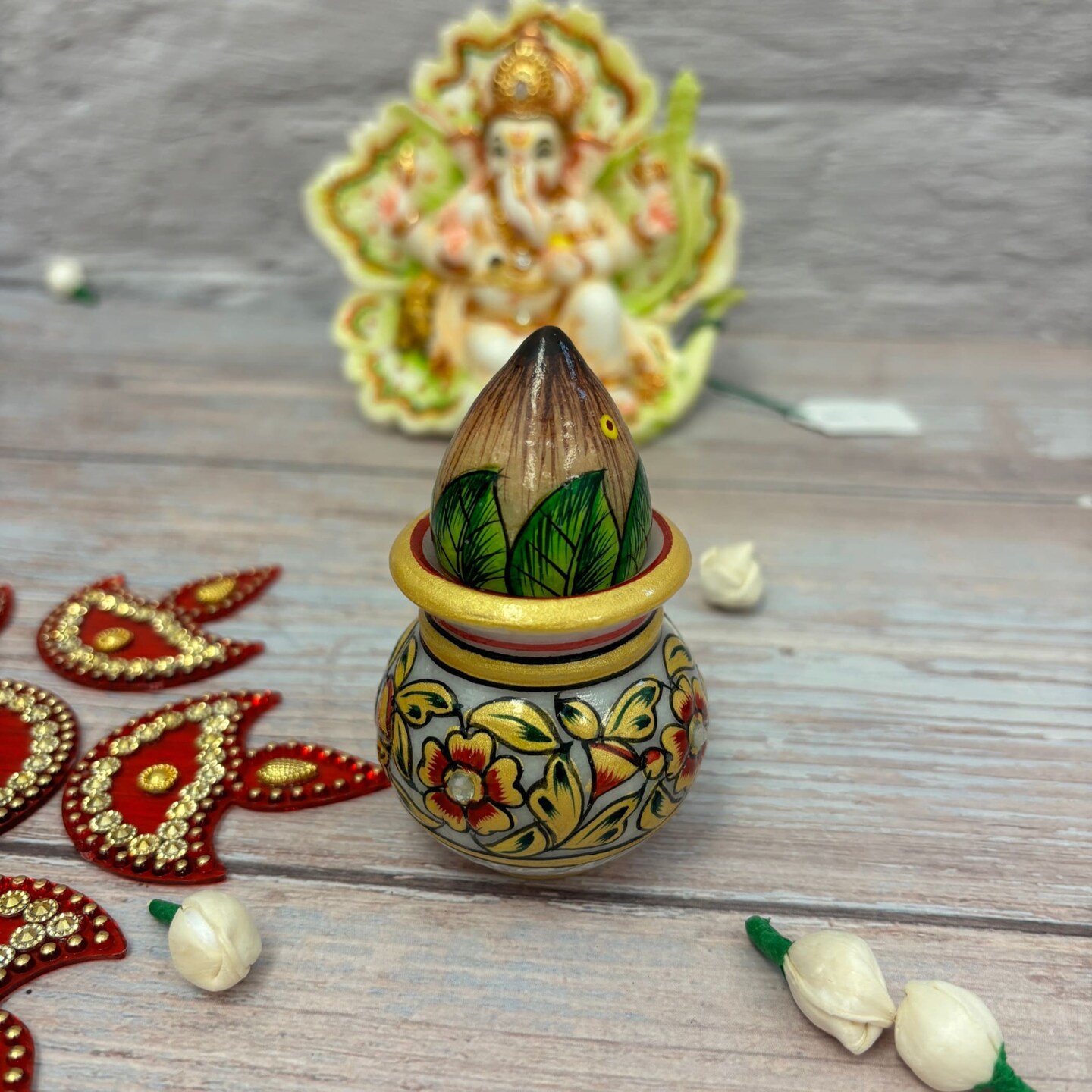 White Marble Kalash Indian Mangal Kalash Decorated Coconut for Wedding Shagun Decorative Nariyal for Wedding Pooja Indian Festival Housewarming Gifts