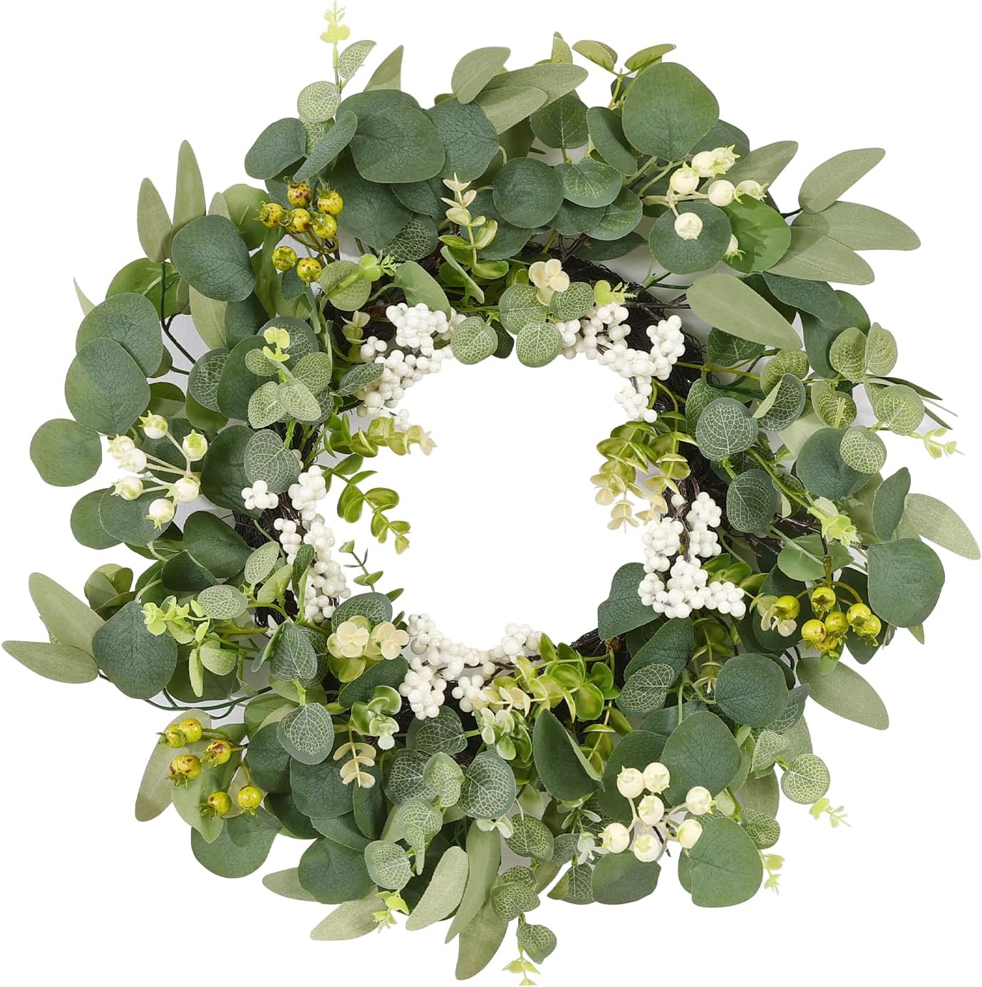 20 Inch Eucalyptus Wreath for Front Door, Spring Green Leaf Door Wreaths Farmhouse with Boxwood Willow Leaves Berries for All Seasons Window Wall Wedding Indoor Outdoor Decor