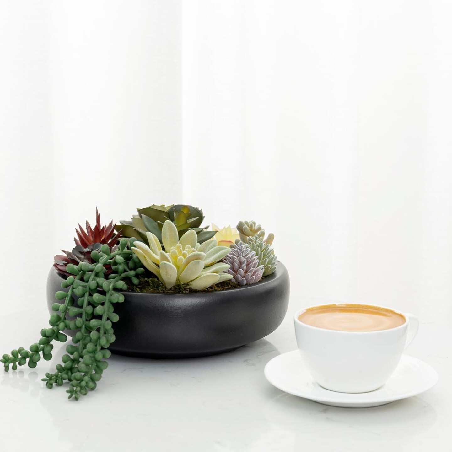 8-Inch Artificial Succulent Plant Arrangement, Assorted Fake Plants in Modern Black Round Concrete Planter Bowl