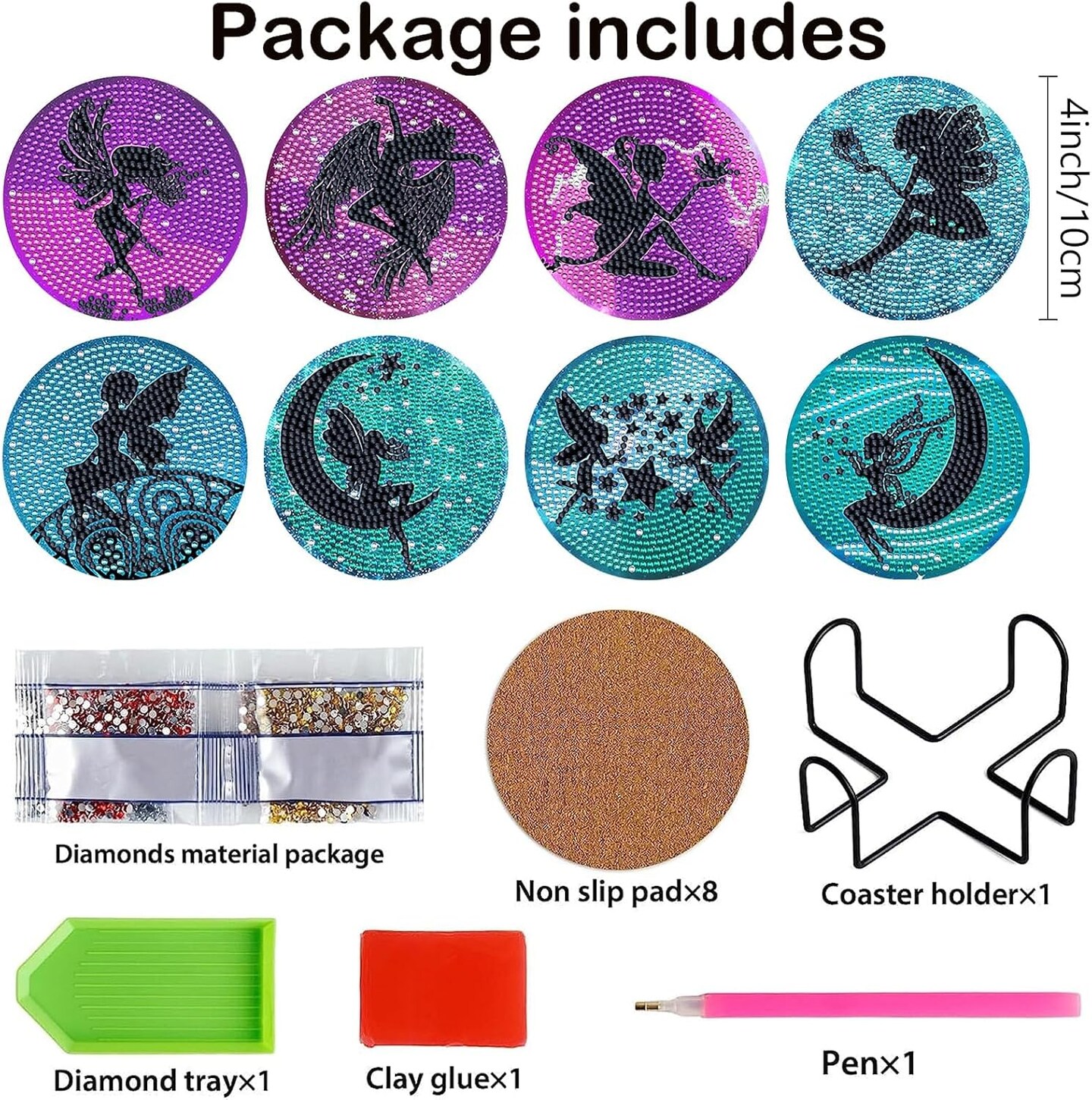 8 Pcs Elves Diamond Art Coasters Kits with Holder DIY Cute Elves Diamond Art Coaster Non Slip Coaster for Adults Diamond Kits Supplies