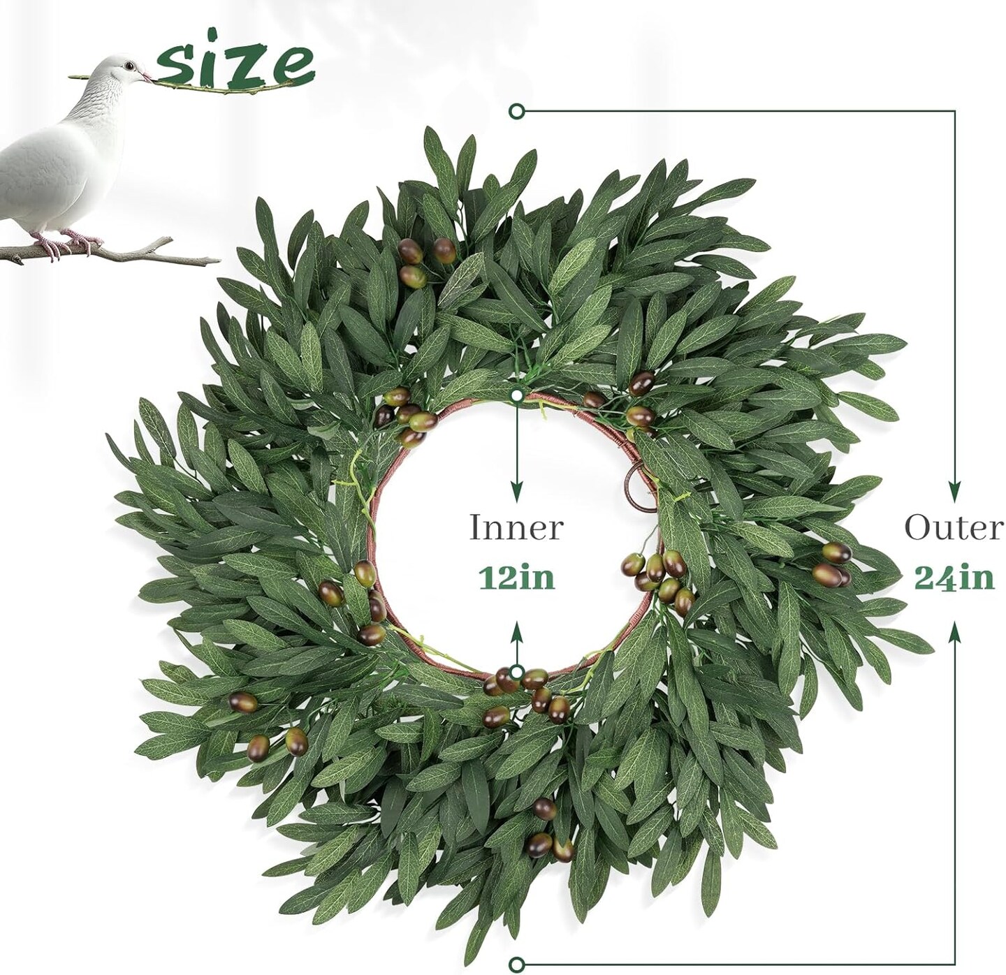 24 inch Olive Wreaths for Front Door, Artificial Large Spring Summer All Seasons Year Round Green Olive Branch Wreath for Home Outdoor Indoor Farmhouse Porch Window