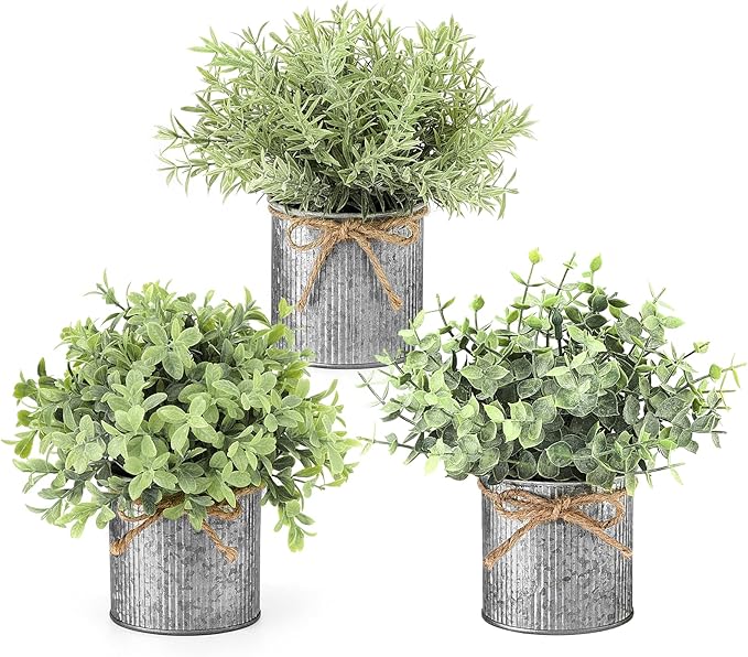Small Fake Plants in Farmhouse Galvanized Metal Pots 3 Pack Potted Artificial Plant Eucalyptus for Laundry Room Bathroom Shelf Table Decor