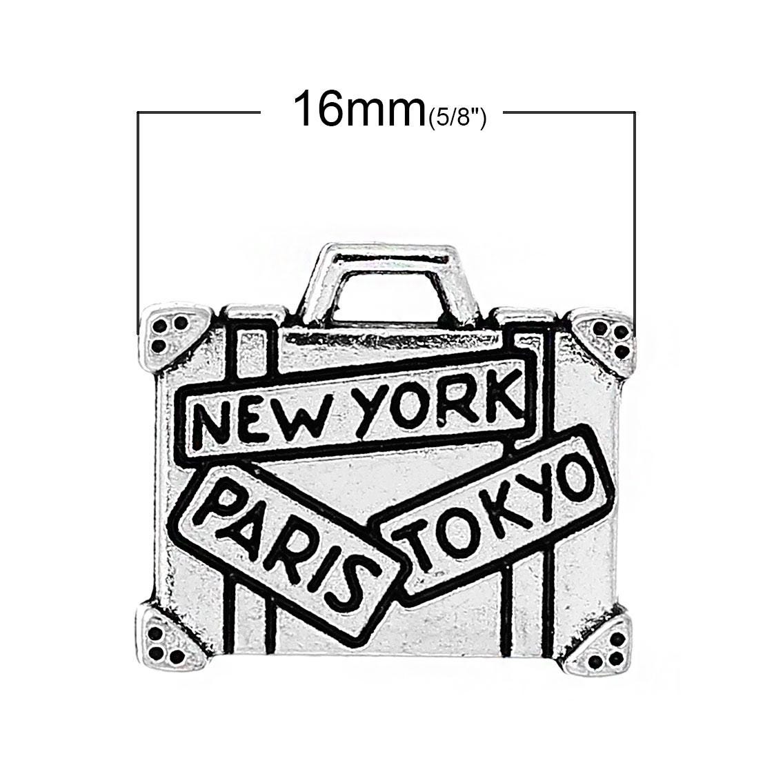 *20* 16x14mm Antique Silver New York Paris Tokyo Suitecase Charms