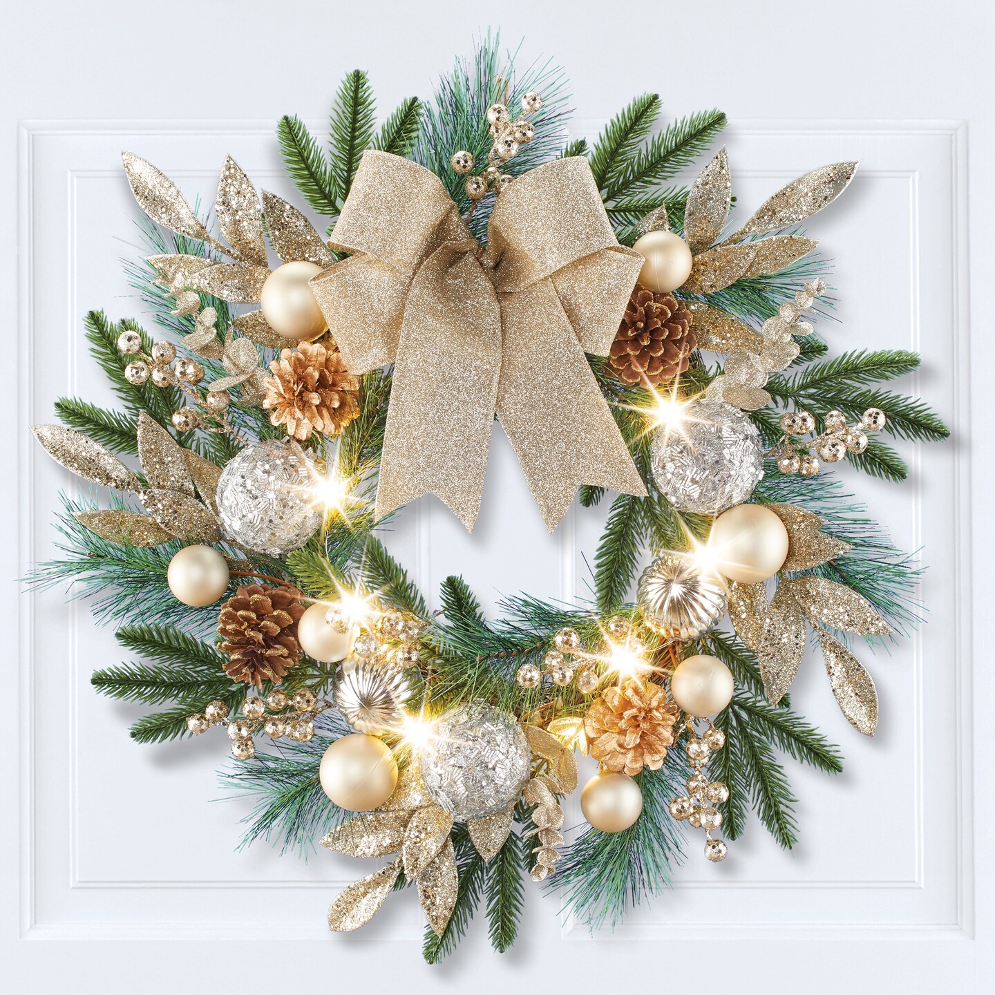Collections Etc LED Lighted Silver & Gold Ornament Hanging Wreath