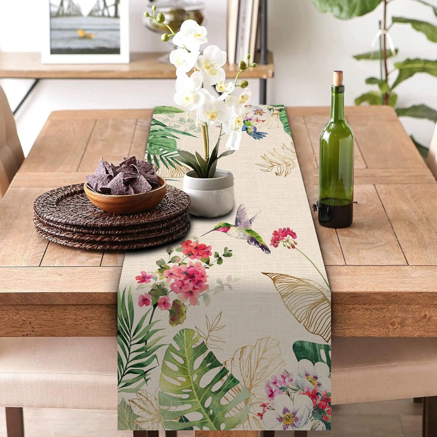 Summer Tropical Hummingbird Palm Leaf Greenery Table Runner 13 x 72 Inch