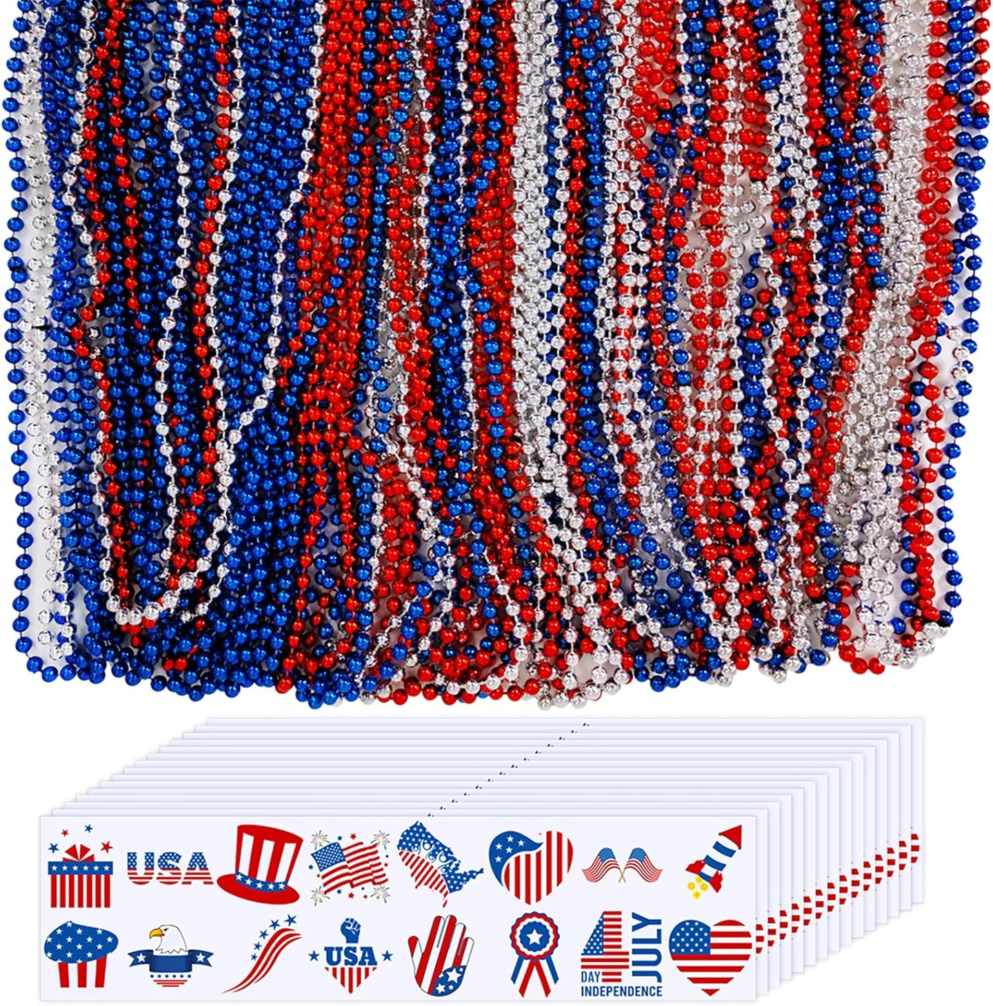155 Pack 4th of July Beaded Jewelry and Temporary Tattoos(Red White Blue)
