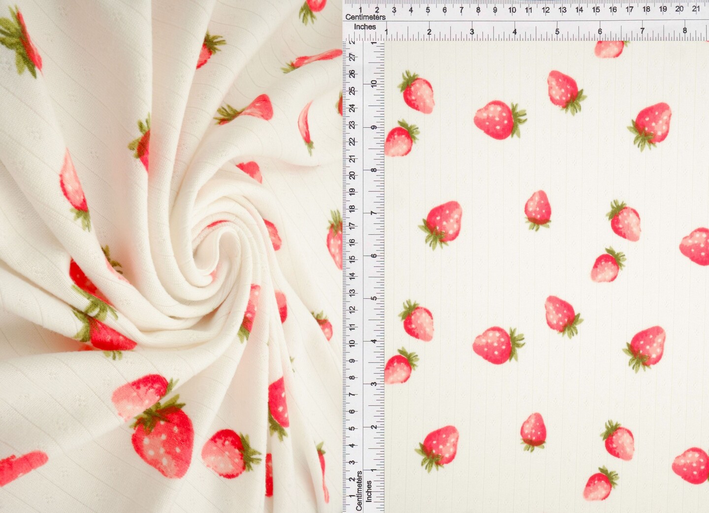 1 Yard 93% Polyester 7% Spandex Cotton-Style Pointelle Strawberry Print Fabric 58/60" Width