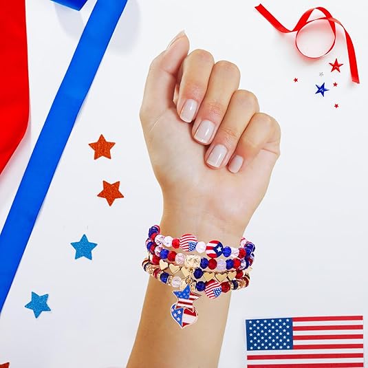 4th of July Patriotic Bracelets,Red White and Blue Beaded Stretch Bracelets