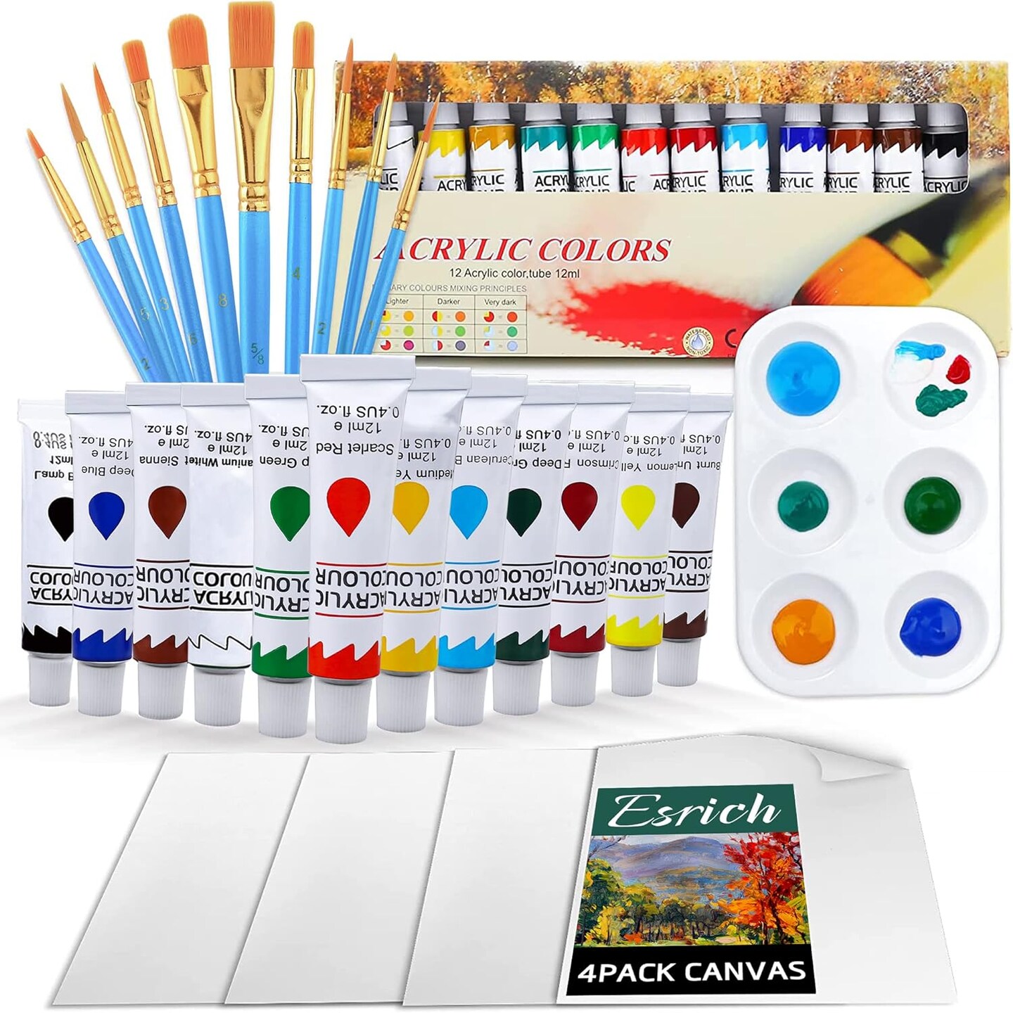 Set with 10 Paint Brushes12 Color 12ml Acrylic Paint,1 Palettes and 4 Pcs Canvas