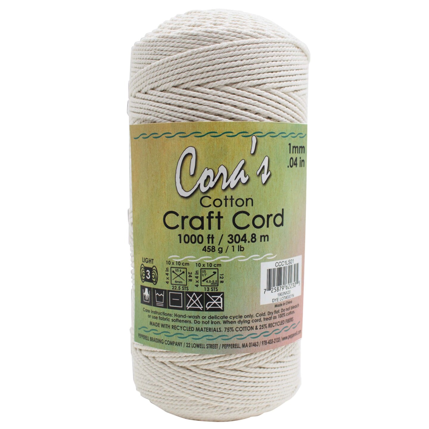 Cora&#x27;s Cotton Craft Cord 1mmX1000ft-Natural