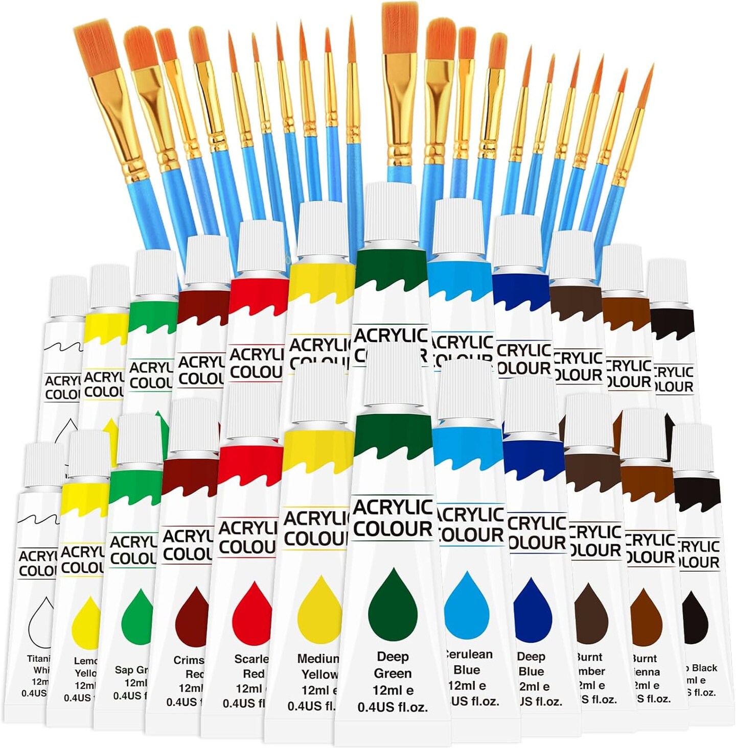 Acrylic Paint Set 12 Colors(2 Pack)with 20 Paint Brushes,24 Acrylic Paints