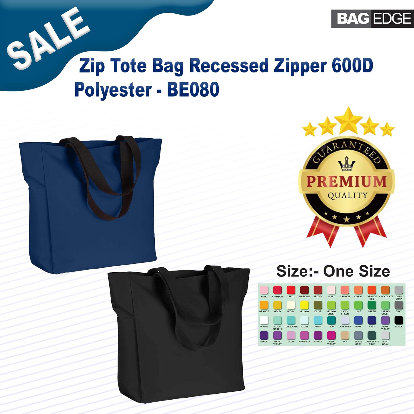 BAGedge&#xAE; Zip Tote Bag Recessed Zipper 600D Polyester