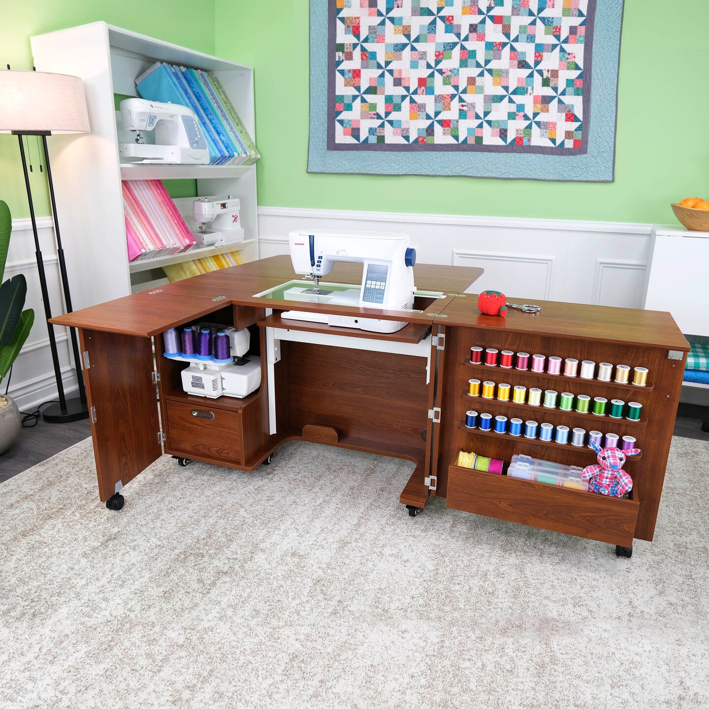 Kangaroo Wallaby Sewing Cabinet with Airlift – Sewing, Quilting & Craft Table with Storage & Rolling Casters