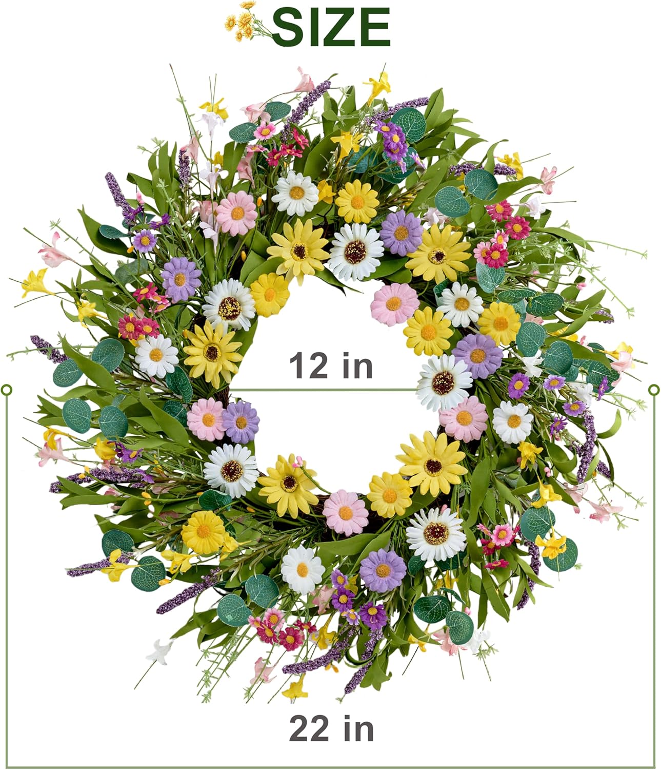 22" Spring & Summer Wreath – Artificial Yellow Daisy, Lavender & Eucalyptus Front Door Wreath for Farmhouse, Porch, Wall, Home, Easter & Seasonal Décor