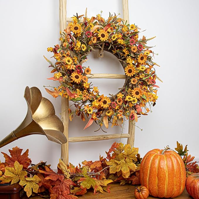 Artificial Fall Wreath 22 Inch Fall Wreaths for Front Door Autumn Porch Farmhouse Thanksgiving Day Harvest Festival