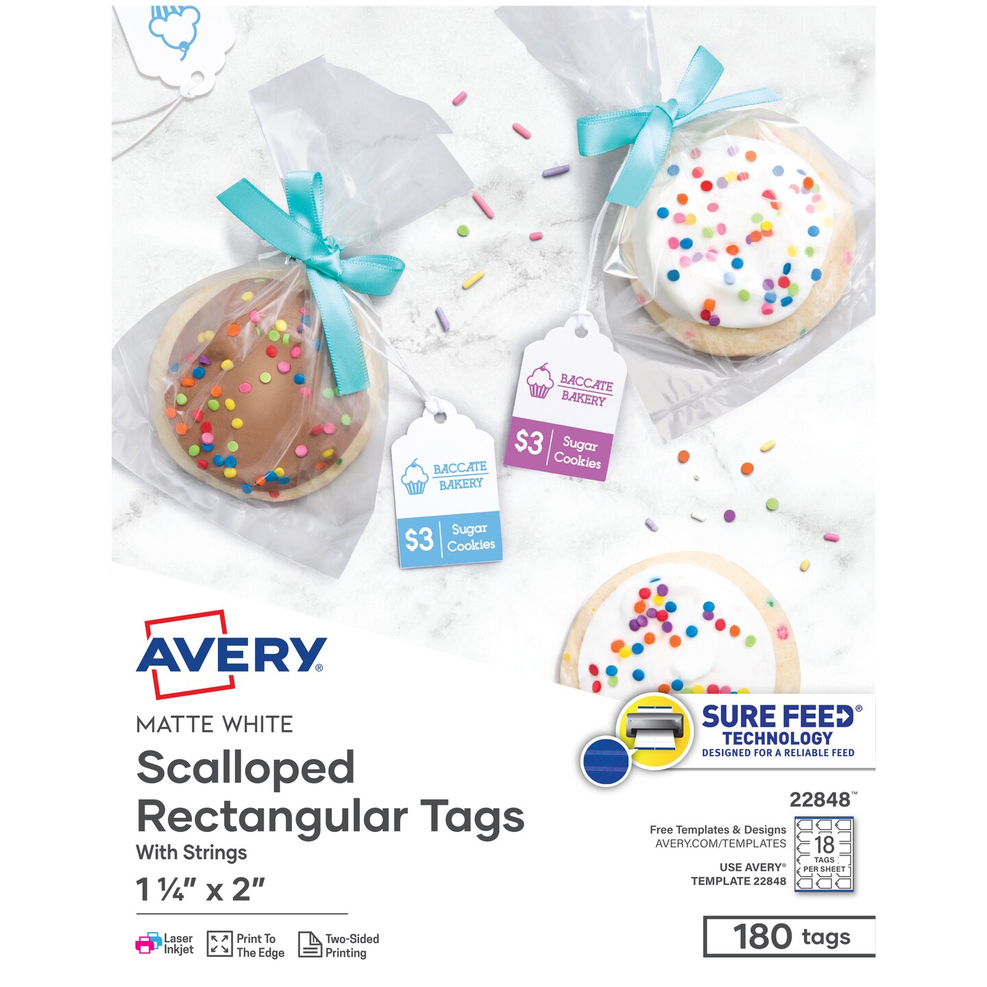 Avery Scalloped Printable Tags with Sure Feed, 2" x 1.25", White, 180 Customizable Tags with Strings, Great for Branding, Gift Tags, Price Tags, and More (22848)