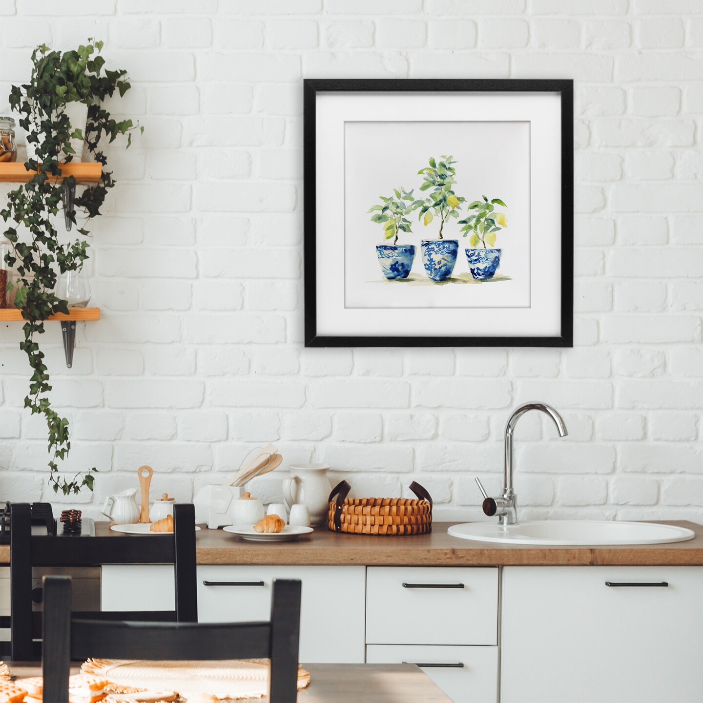 Stupell Industries Lemons In Blue Pots Framed Print Under Glass, design by Svetlana Aleynikova