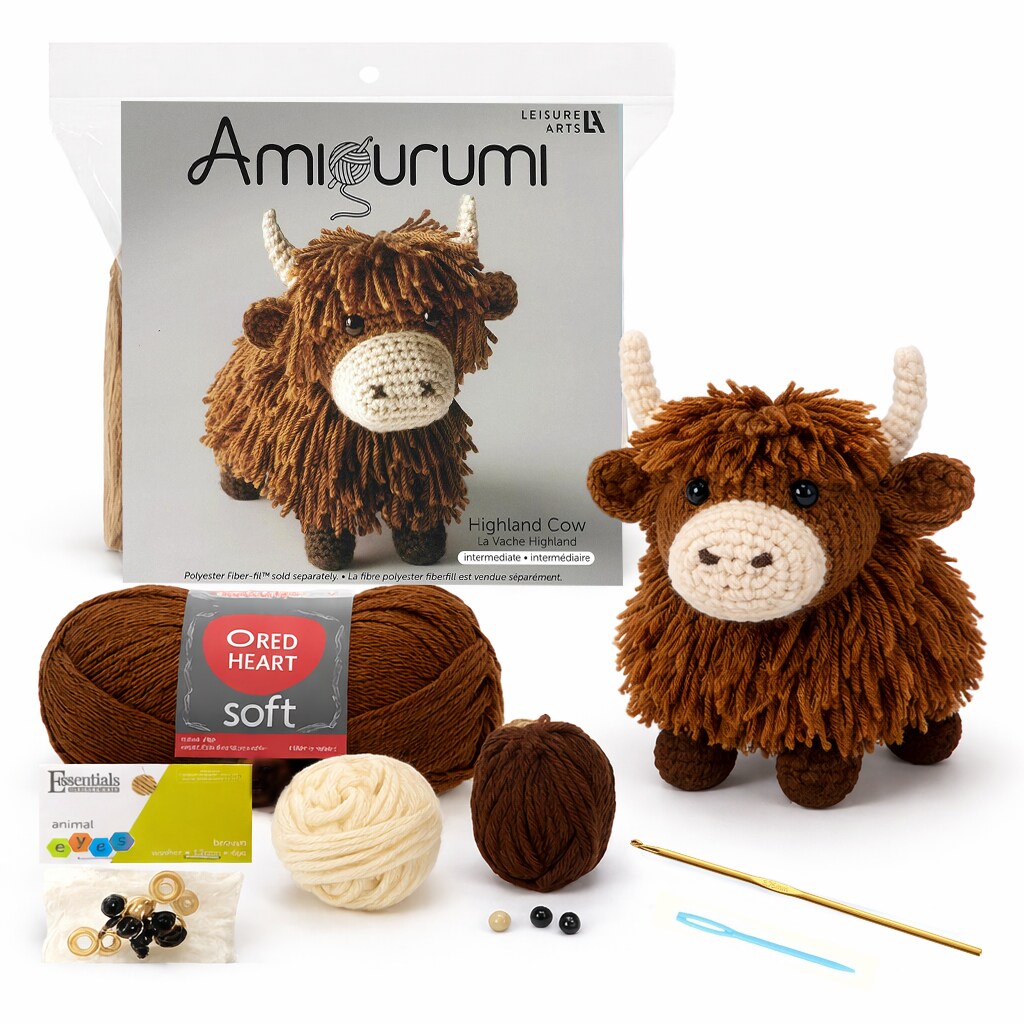 Leisure Arts Crochet Kit Amigurumi Highland Cow, Brown, Crochet Kit Beginners, Beginner For Adults, Animal Kit, Kits For Beginners