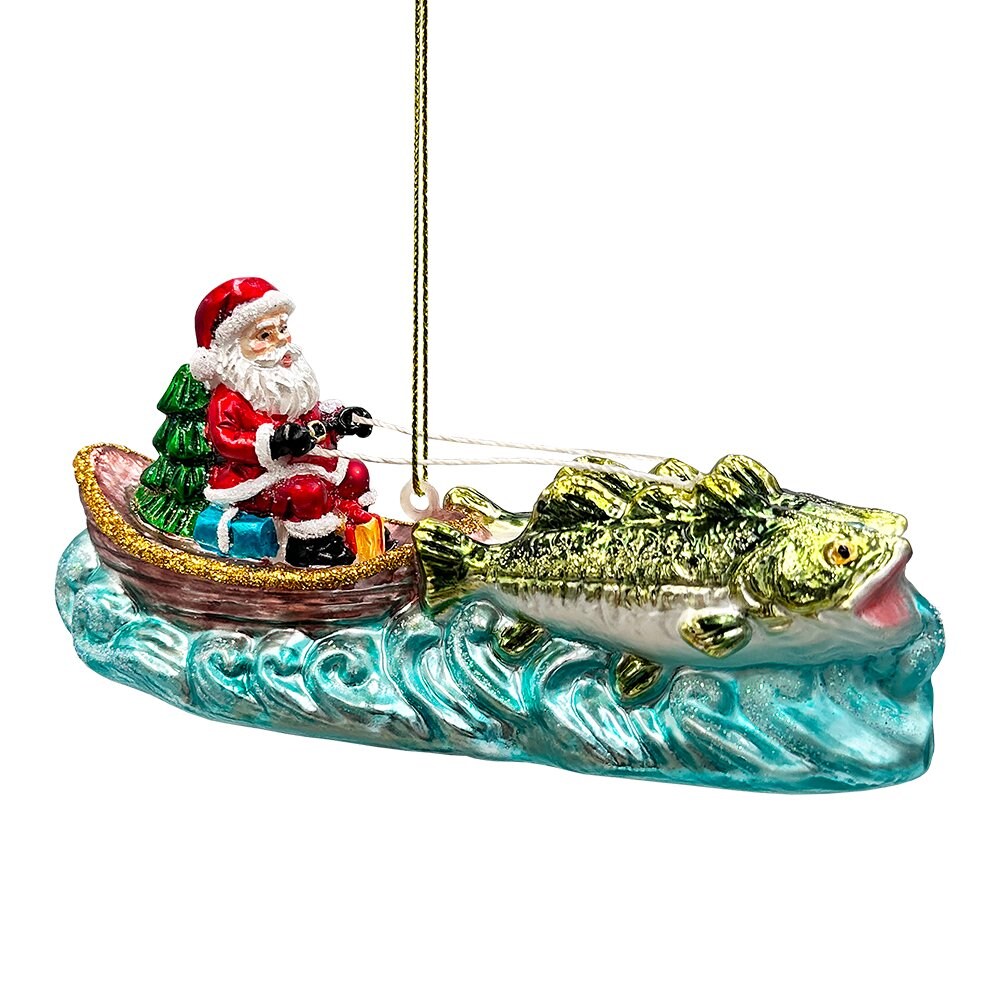 Santa&#x27;s Fishing Adventure Glass Christmas Ornament, Holiday Angler Fish in Sleigh