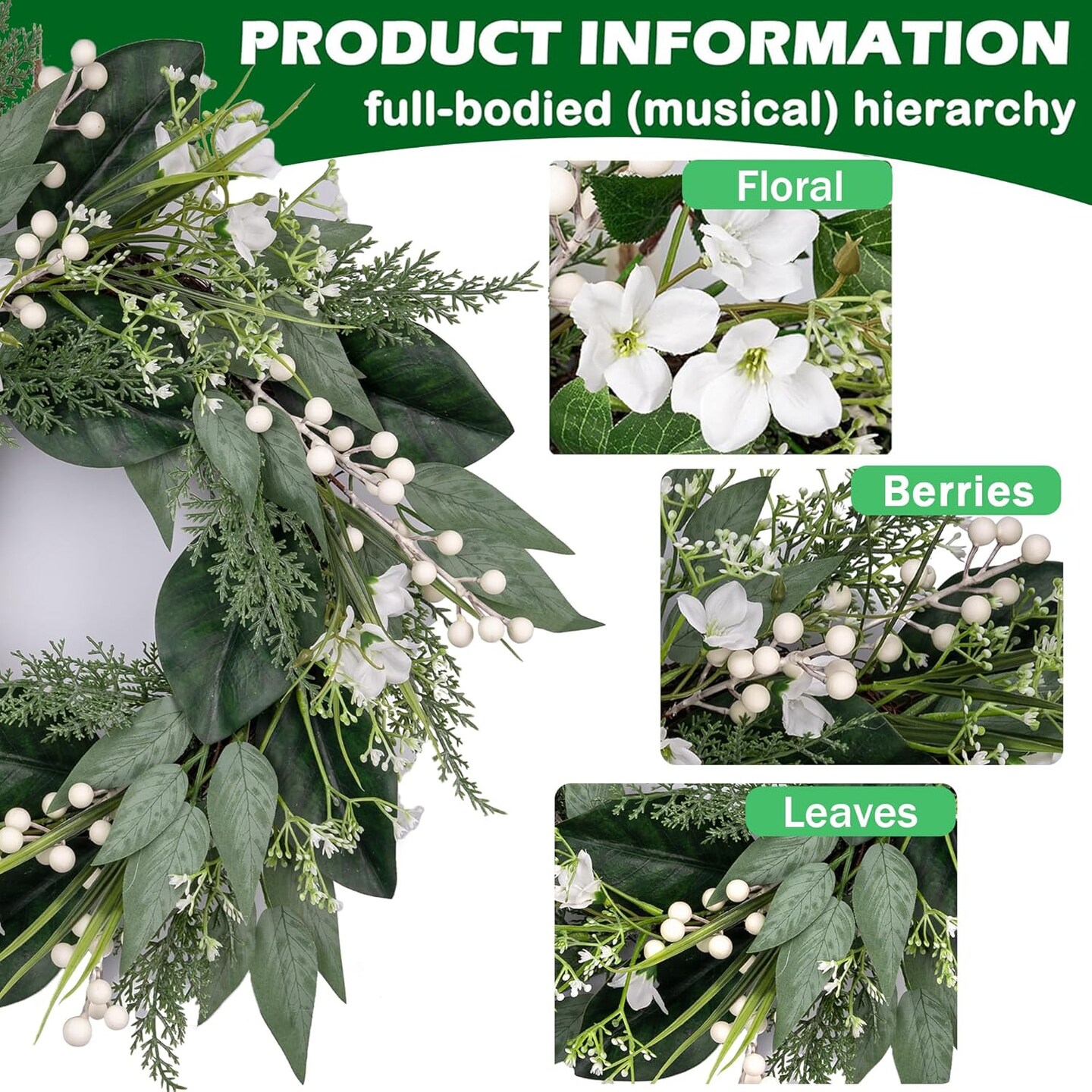 20&#x22; Spring Wreath with White Berries &#x26; Flowers &#x2013; Elegant Greenery for Front Door, Home &#x26; Wedding D&#xE9;cor