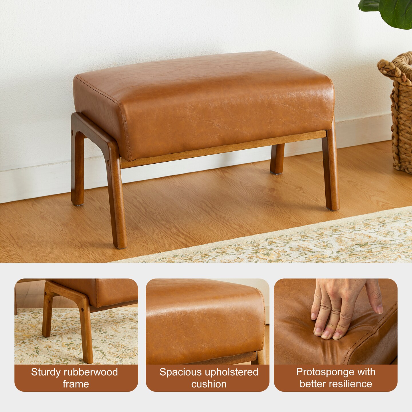 Mid-century Modern Leatherette Accent Stool with Walnut Rubberwood Legs