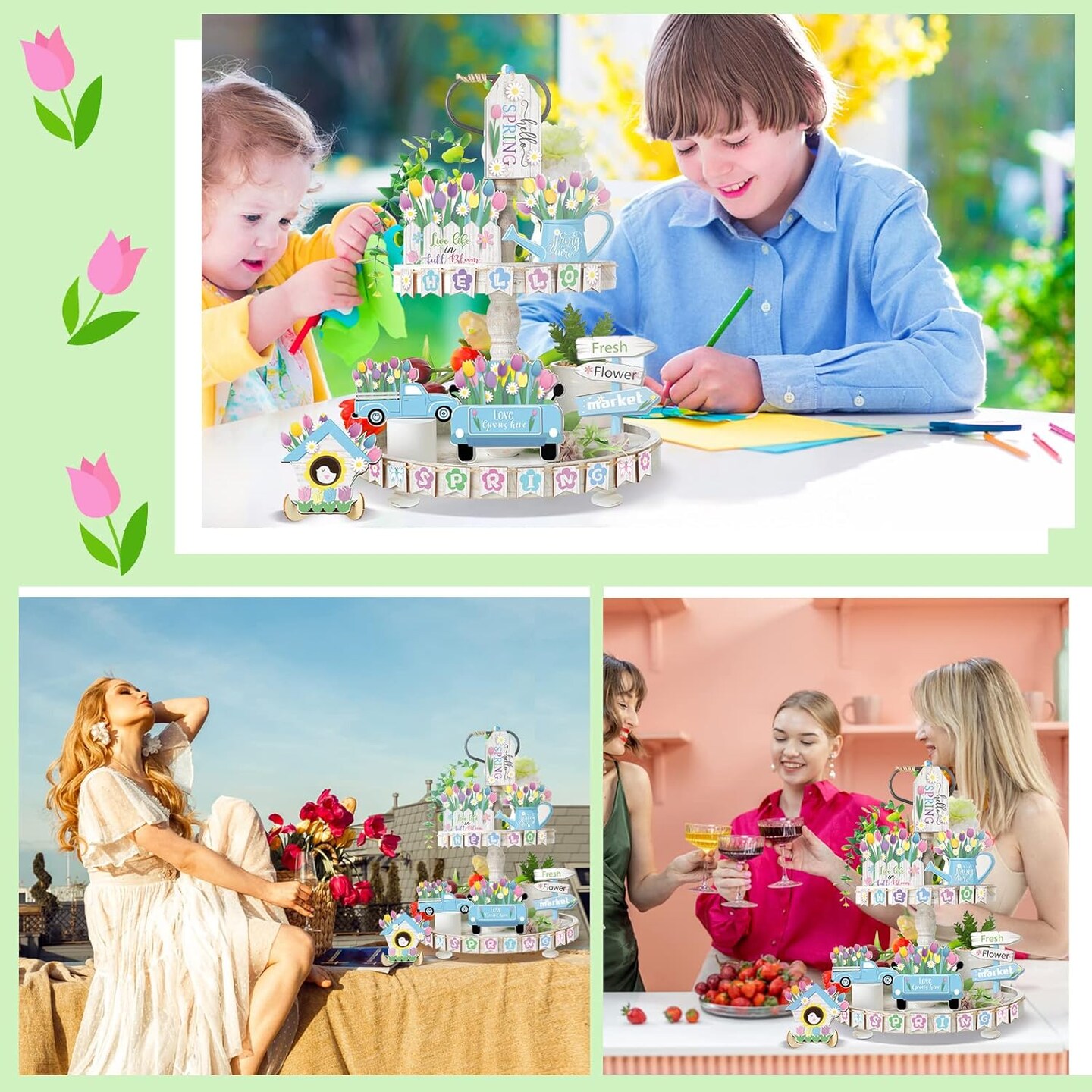 Hello Spring Tiered Tray Decor Tulips Table Wooden Sign Decorations