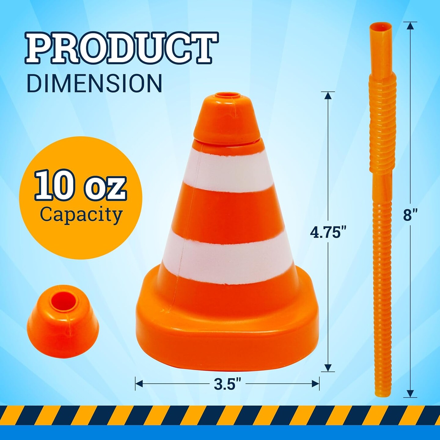 4E&#x27;s Novelty 8-Pack Construction Cone Cups, 10oz Plastic Cup with Lid &#x26; Straws, Construction Theme Party Cups