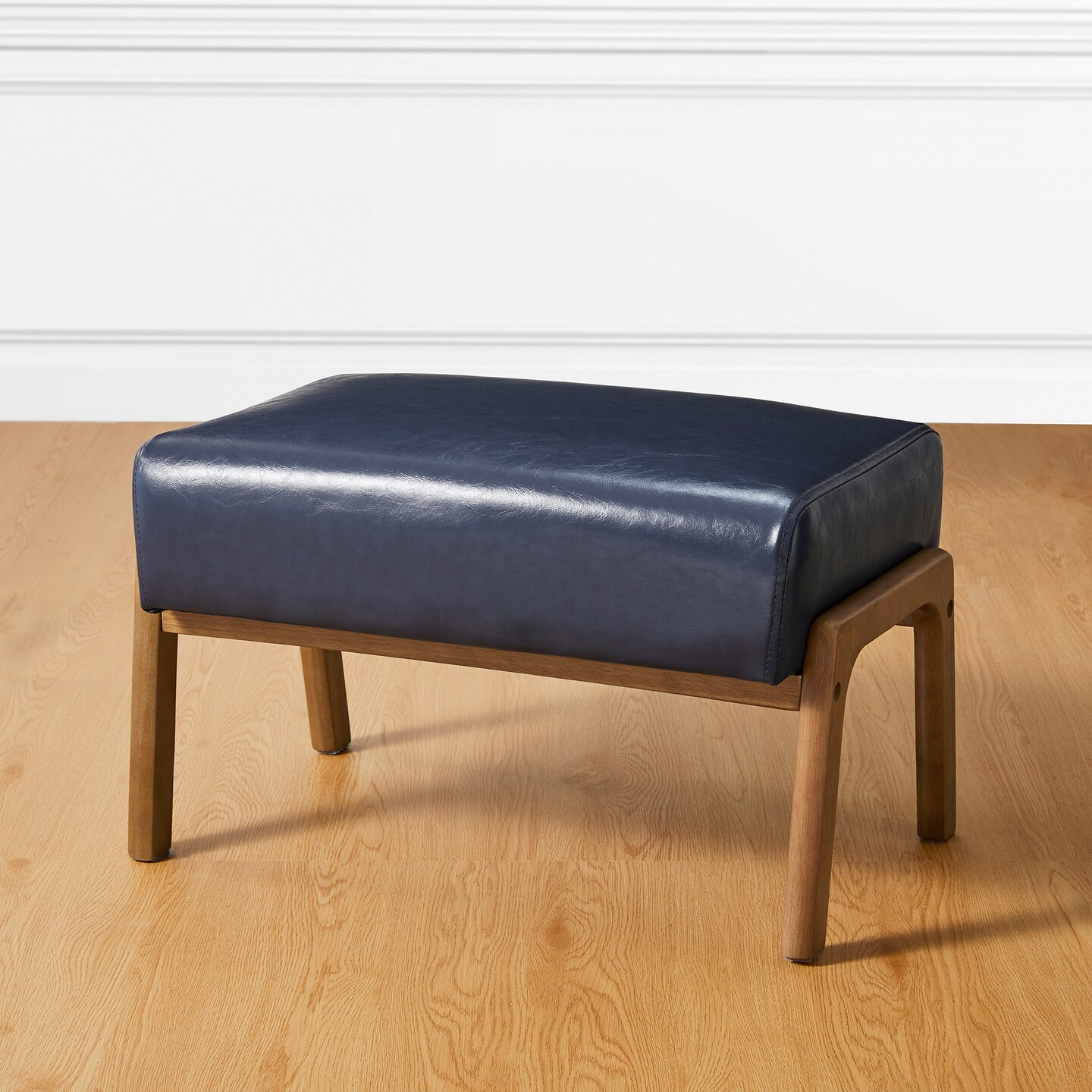 Mid-century Modern Leatherette Accent Stool with Walnut Rubberwood Legs