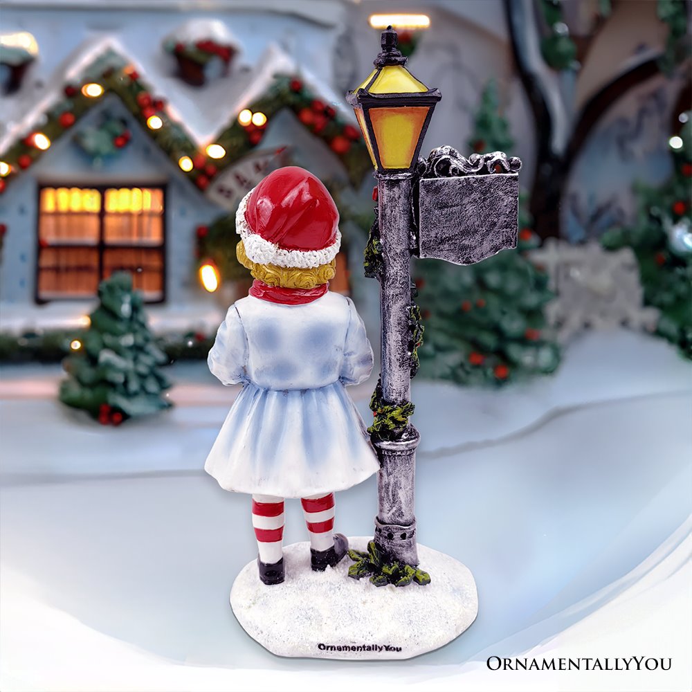 Victorian Style Christmas Girl and Street Lamp Tabletop Figurine, 8" Vintage Holiday Statue of a Gift Carrying Belle