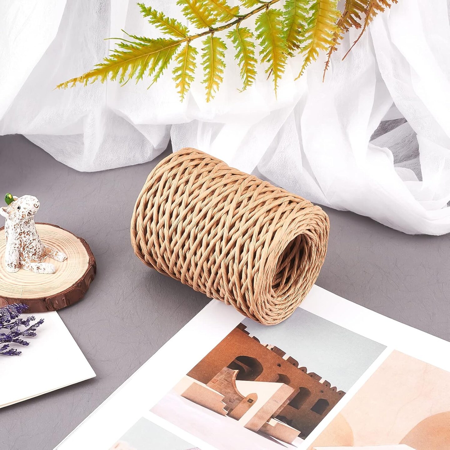 2mm 164ft(50m) Floral Iron Bind Stem Wire Paper Wrapped Rattan Rope Rustic Paper Twine for Flower Bouquets Wedding Gift Wrap Weaving Basket Vase Christmas Decoration, Light Brown