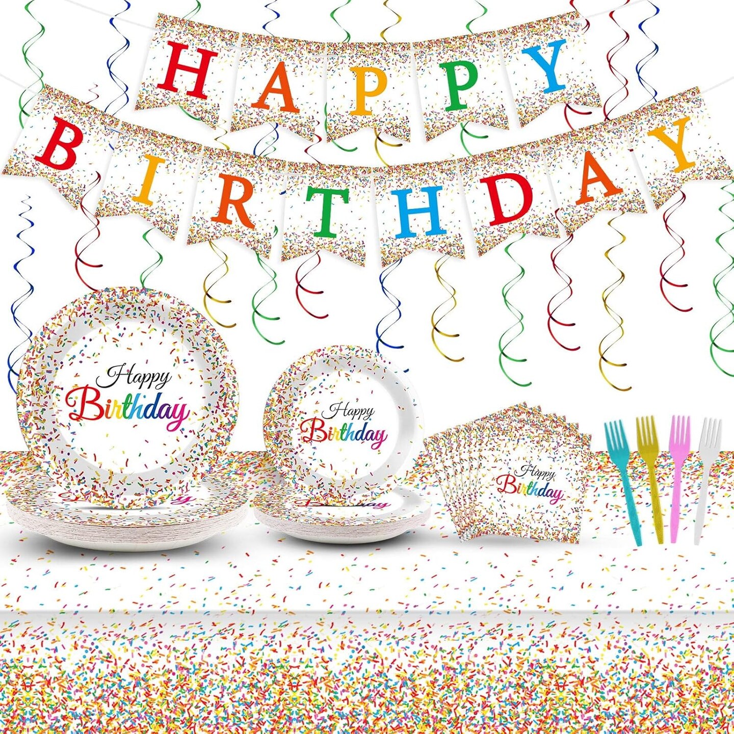 111PCS Confetti Sprinkle Birthday Party Supplies Confetti Sprinkle Tableware Set Sprinkles Plates Banner Sprinkle Theme Napkins Forks Hanging Swirls for Kids Baby Shower Birthday Decoration Favors