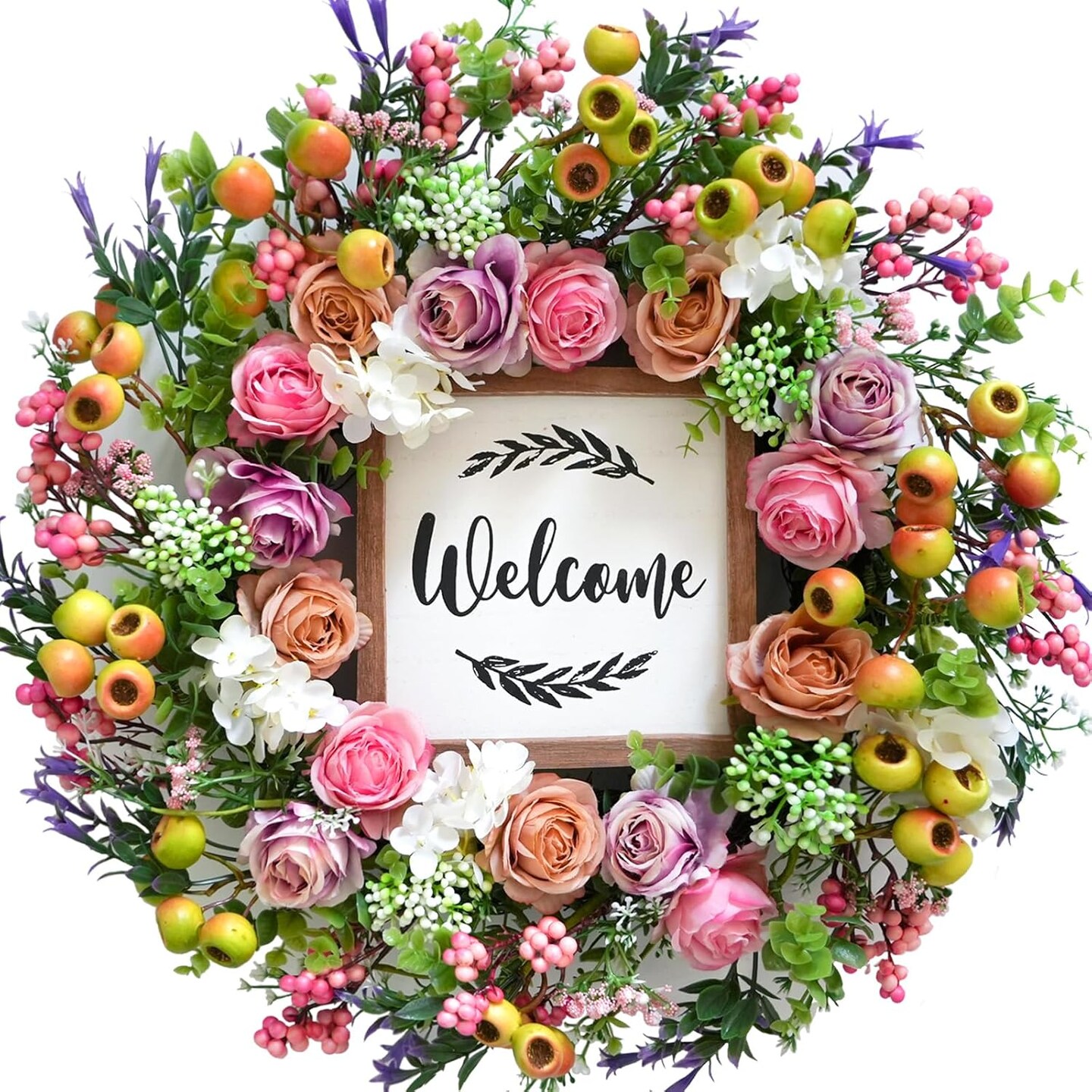 Summer Wreath for Front Door, 18inch Artificial Berries and Colorful Flower Wreaths with Welcome Sign, Summer Greenery Wreath for Front Door Wall Window Festival Decor