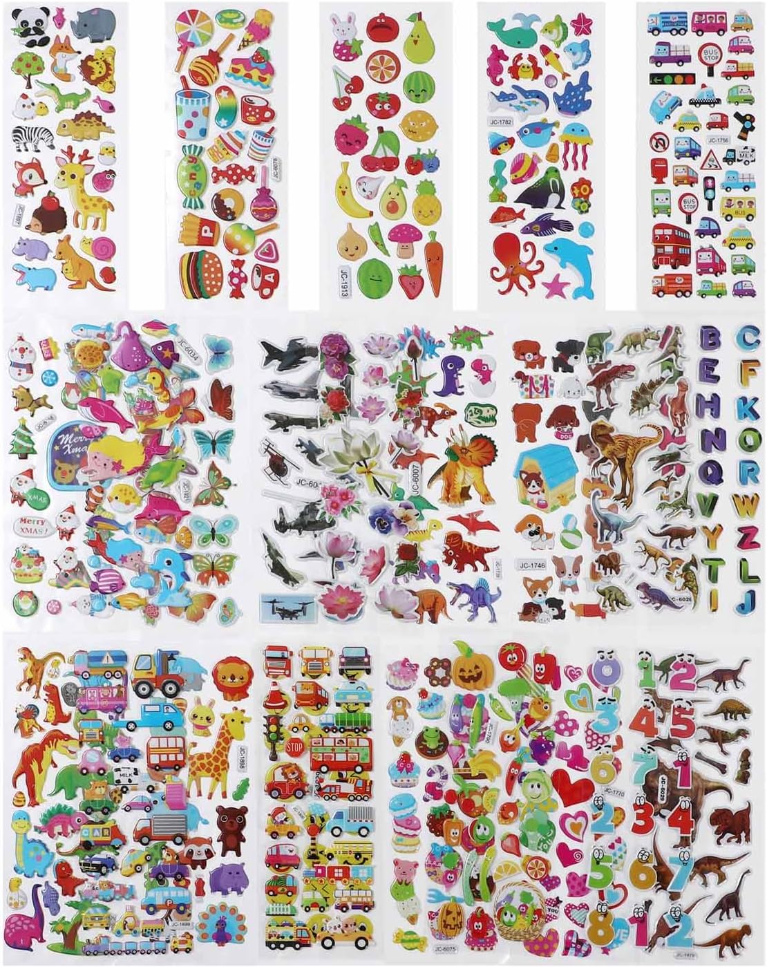 Puffy Stickers for Kids Toddlers, Small 3D Sticker Variety Pack, Kid Stickers Sheets Bulk, Mini Party Favor for Kids Boy (Dinosaur Car Animal Dog Flower Heart Number Food Truck) 24 Sheets