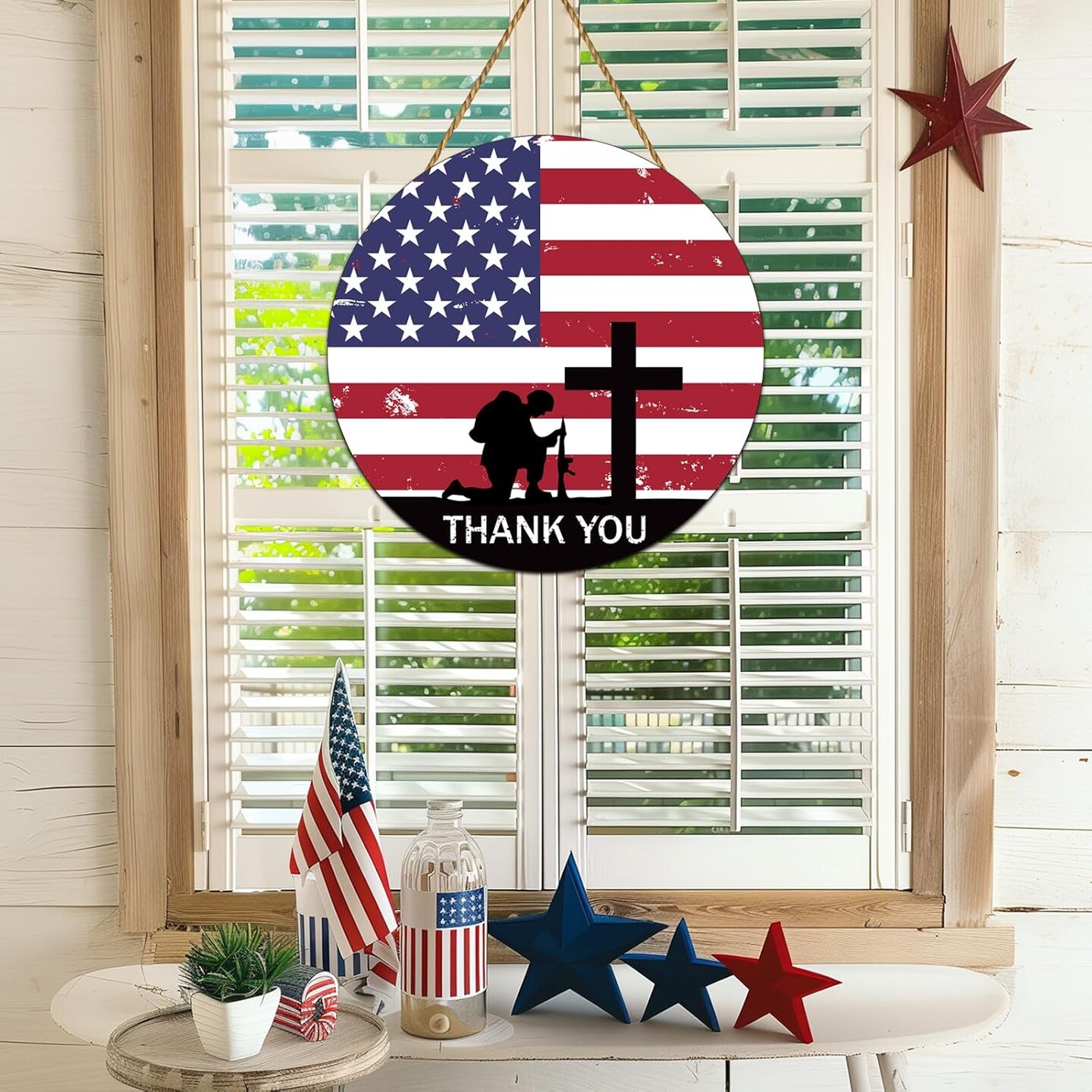 Memorial Day Decorations American Soldier Thank You Hanging Sign Memorial Day Wreath Patriotic Wreath Wooden Wall Decor