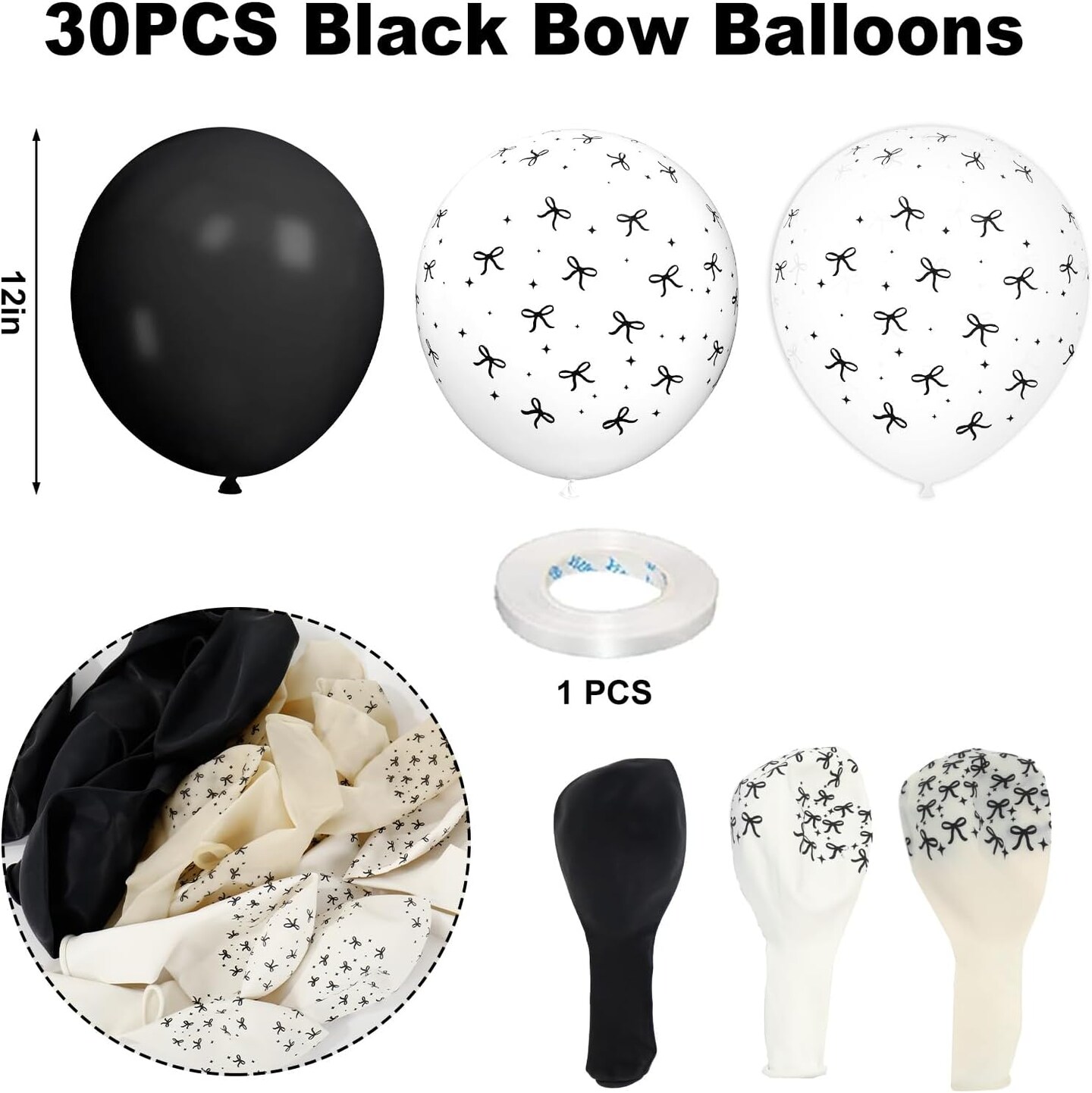 30Pcs Bow Latex Balloon 12 In Black White Bowknot Party Balloon Cute Bowtie Printed Clear Balloons for Birthday Bachelorette Bridal Party Decor