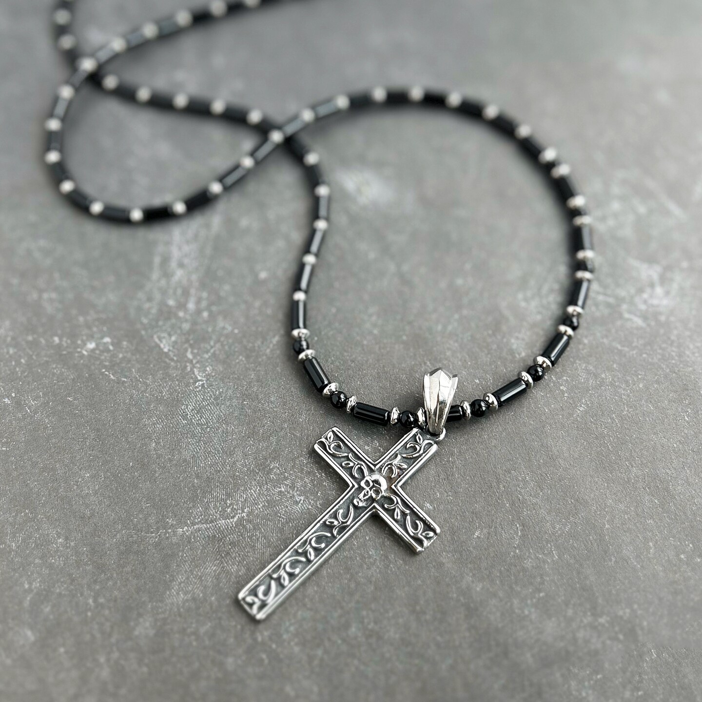 Black Onyx with Stainless Steel Skull Cross Pendant Long Necklace
