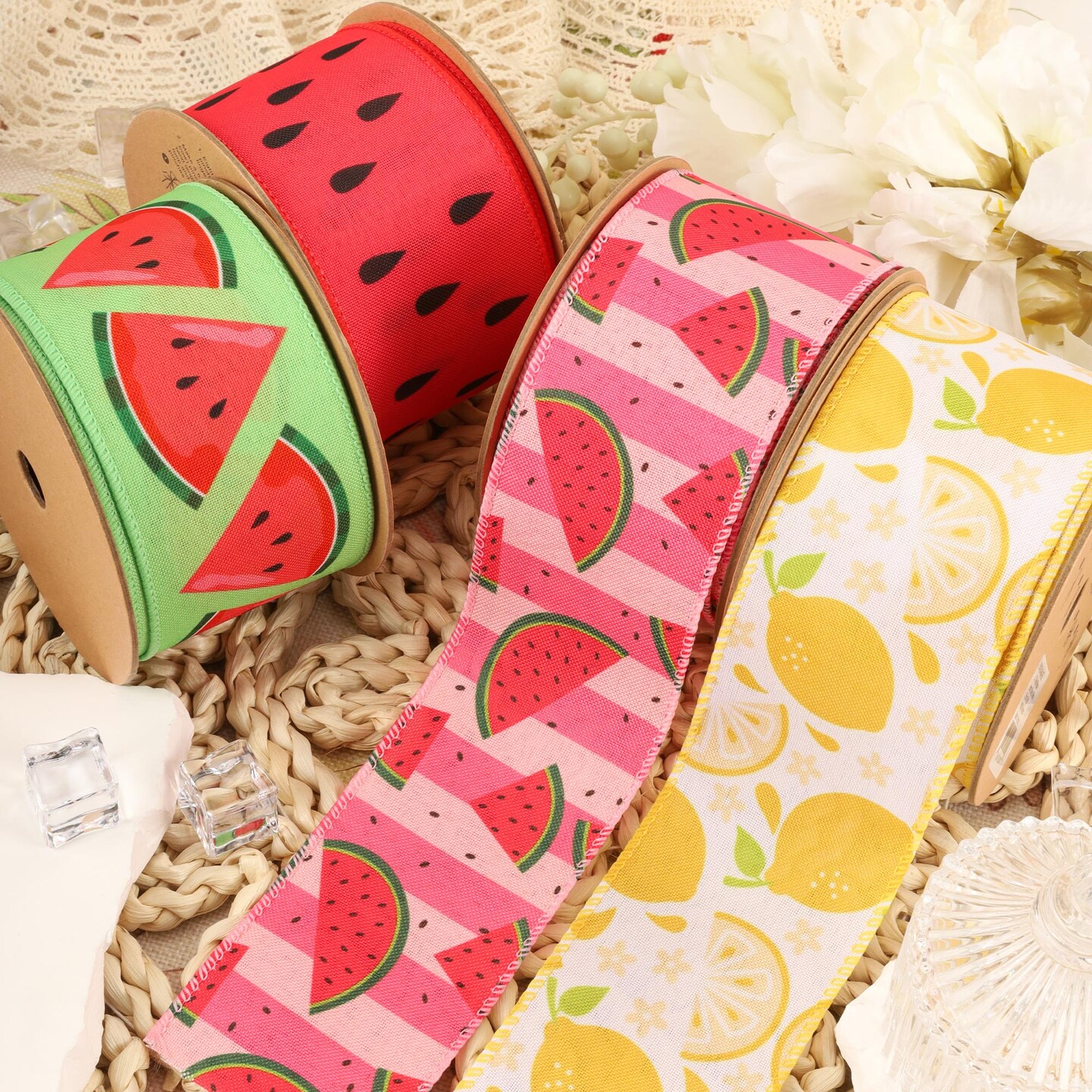 2 1/2&#x22; Wired Ribbon | Watermelon Slice on Green | 10 Yard Roll