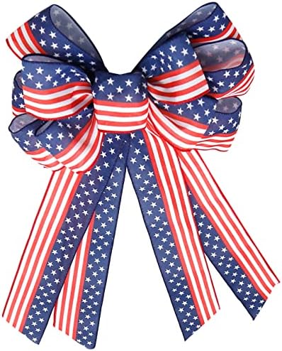 Large 4th of July Patriotic Wreath Bow – Oversized American Flag Bow with Blue Stars – Red and White Bunting Decor for Front Door, Mailbox & Porch – USA 250th Anniversary Outdoor Weather-Resistant Ornament (1 Pack)
